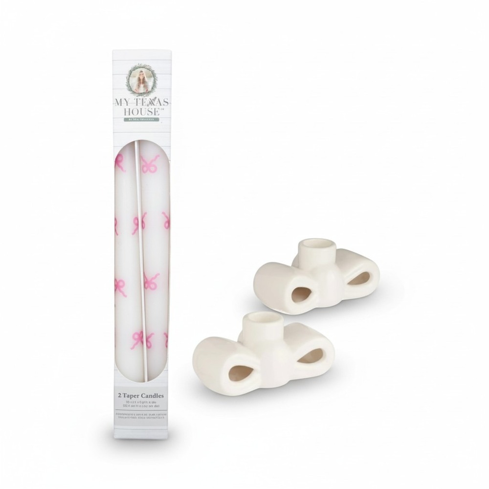 My Texas House Bow Candle Holders & Pink Bow Taper Candles Set, Easter Decor